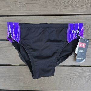 TYR Boy's  Men's Durafast Elite Phoenix Black/purple Swim Racer Brief SZ 28 New
